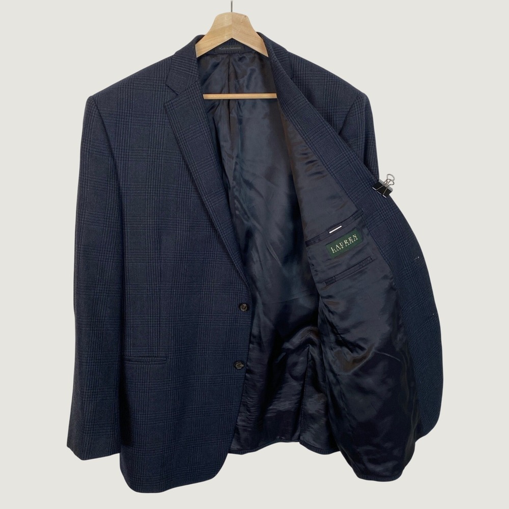 Ralph Lauren 46L Navy Blue Glen Plaid 100% Worsted Wool Blazer Jacket Sport Coat